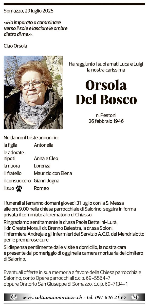 Annuncio funebre Orsola Del Bosco