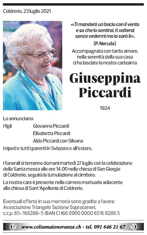 Annuncio funebre Giuseppina Piccardi