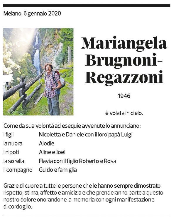 Annuncio funebre Mariangela Brugnoni-regazzoni