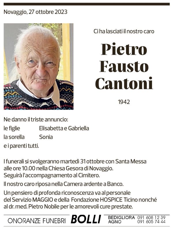 Annuncio funebre Pietro Fausto Cantoni