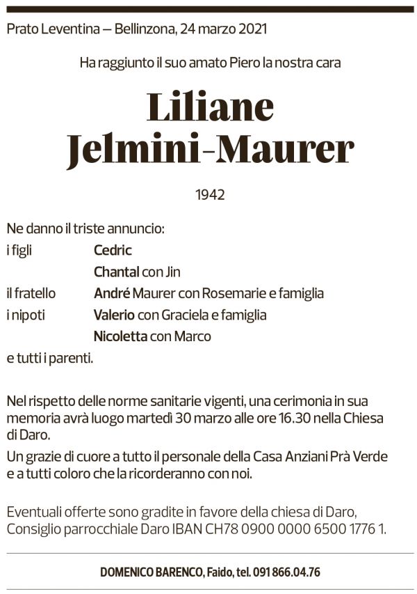 Annuncio funebre Liliane Jelmini-maurer