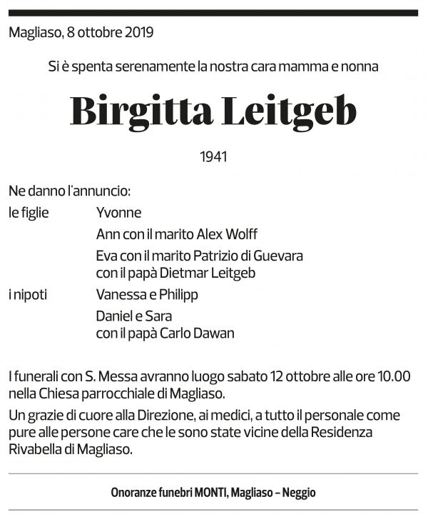 Annuncio funebre Birgitta Leitgeb