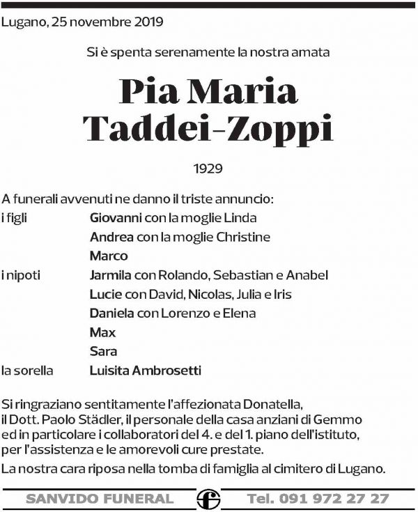 Annuncio funebre Pia Maria Taddei-zoppi