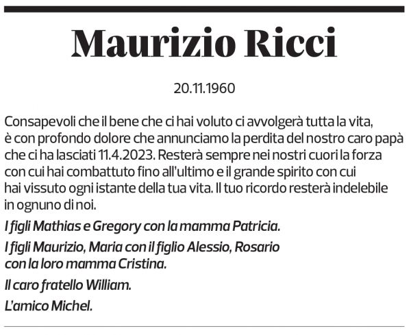 Annuncio funebre Maurizio Ricci