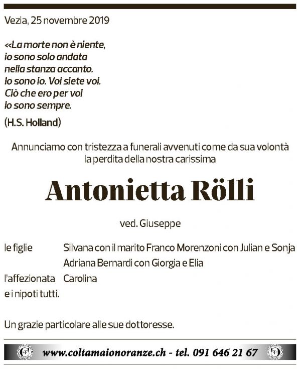 Annuncio funebre Antonietta Rölli