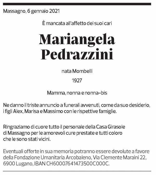 Annuncio funebre Mariangela Pedrazzini Mombelli