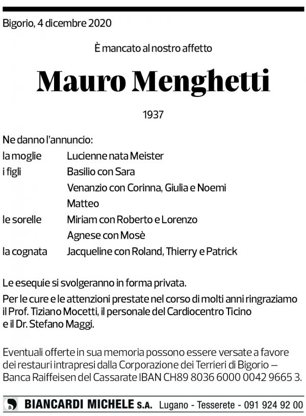 Annuncio funebre Mauro Menghetti