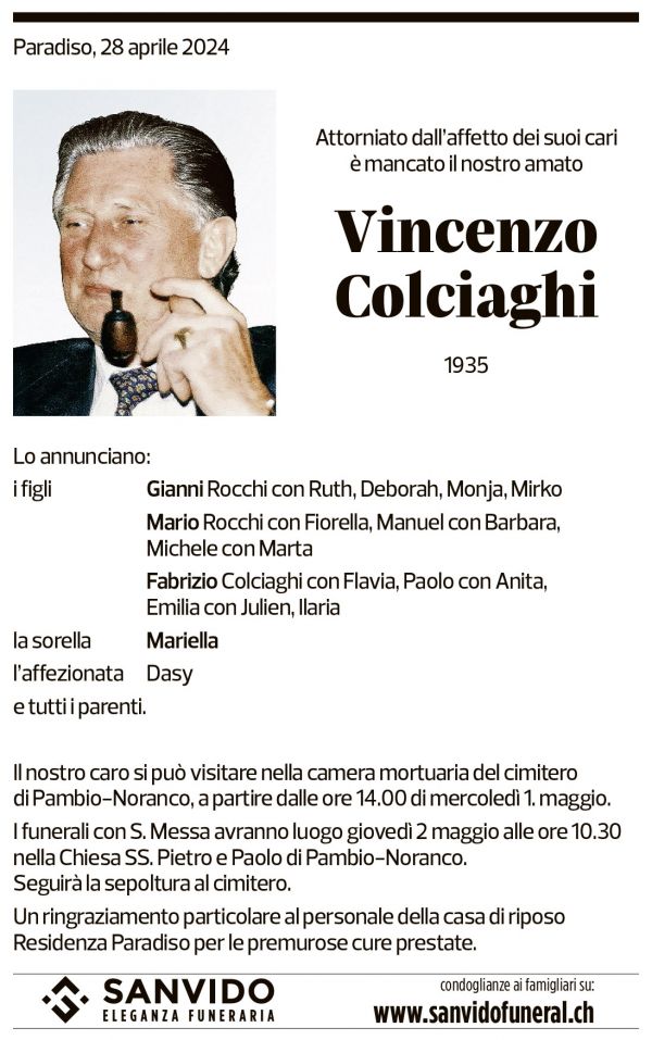 Annuncio funebre Vincenzo Colciaghi