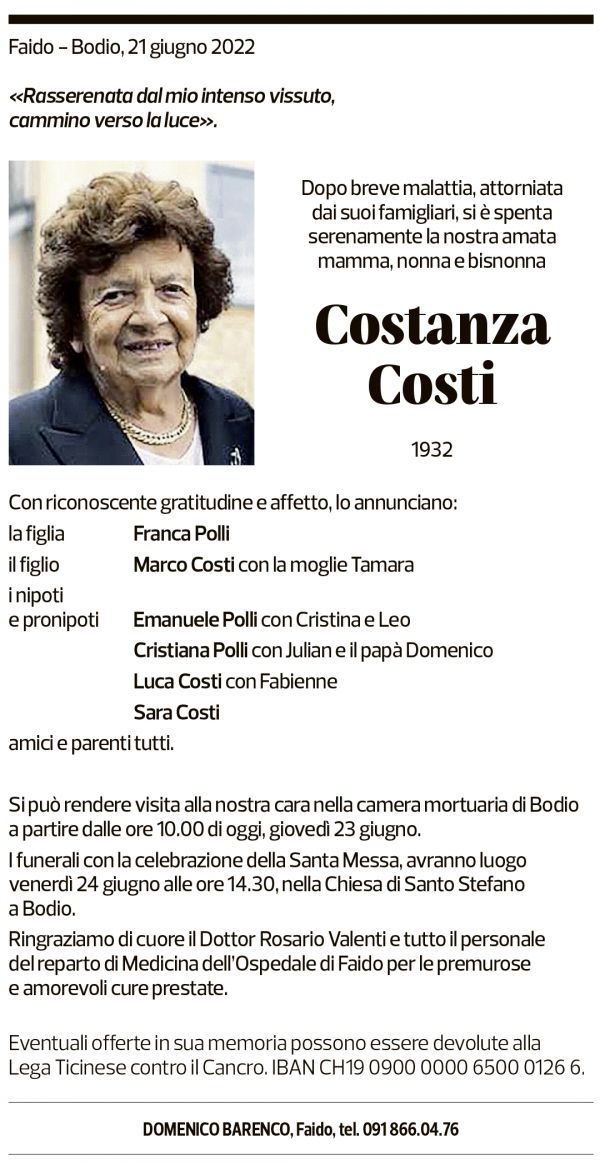 Annuncio funebre Costanza Costi