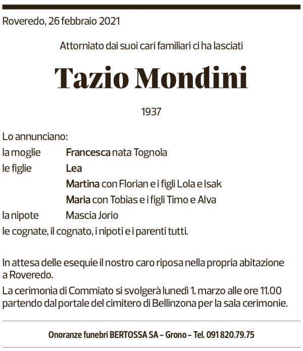 Annuncio funebre Tazio Mondini