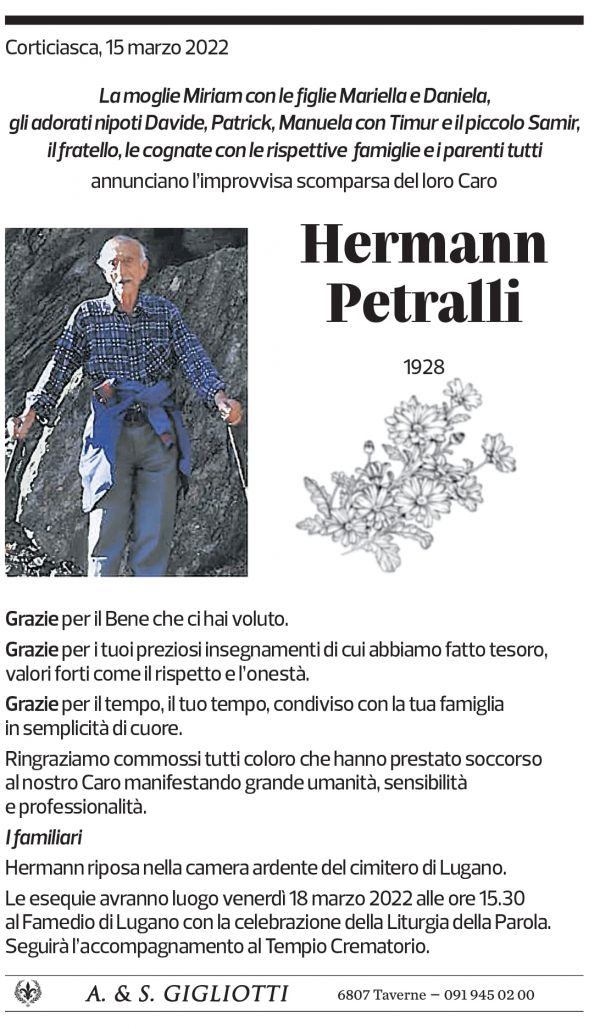 Annuncio funebre Hermann Petralli