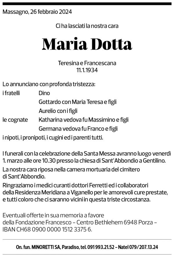 Annuncio funebre Maria Dotta