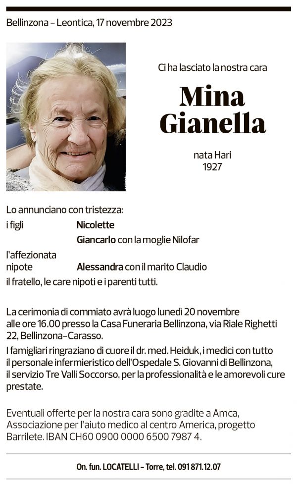 Annuncio funebre Mina Gianella