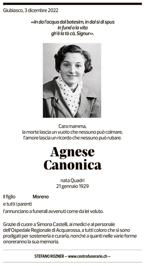 Annuncio funebre Agnese Canonica