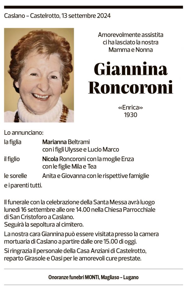 Annuncio funebre Giannina Roncoroni