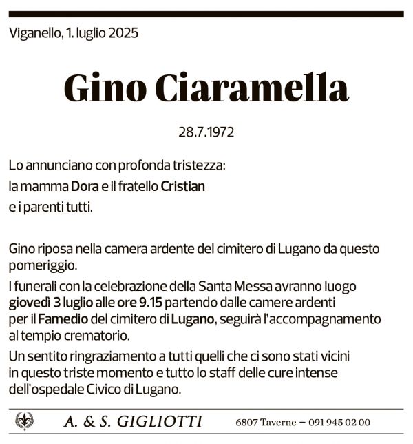 Annuncio funebre Gino Ciaramella
