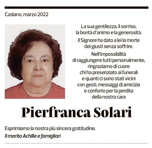 Annuncio funebre Pierfranca Solari