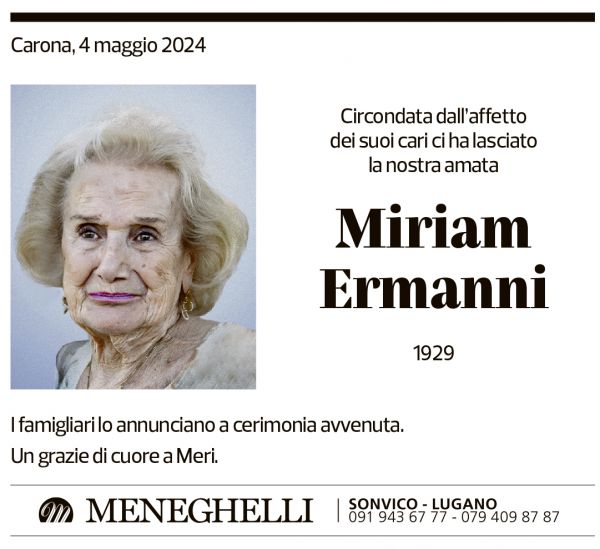 Annuncio funebre Miriam Ermanni