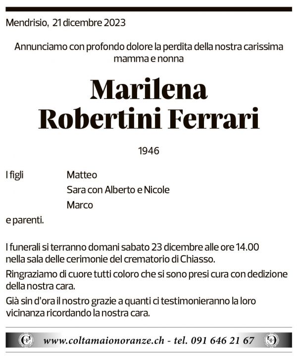 Annuncio funebre Marilena Robertini Ferrari