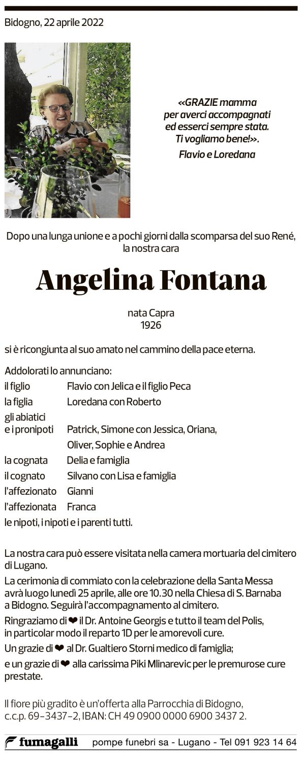 Annuncio funebre Angelina Fontana