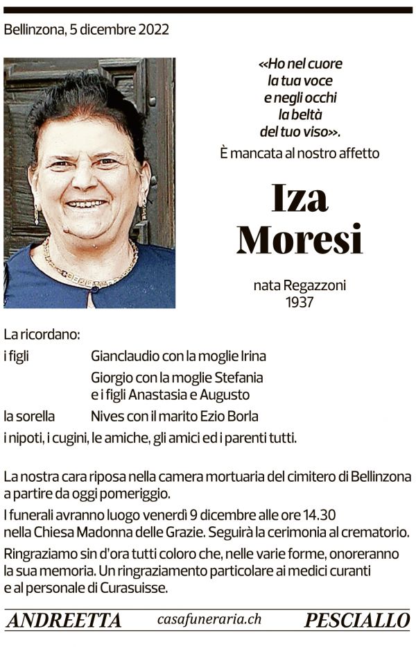 Annuncio funebre Iza Moresi