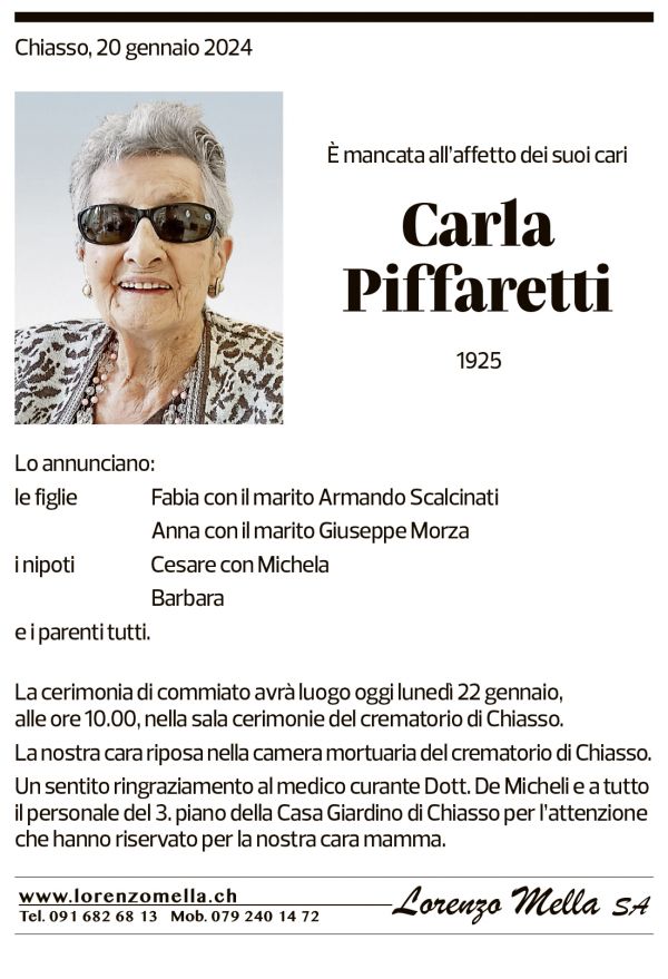 Annuncio funebre Carla Piffaretti