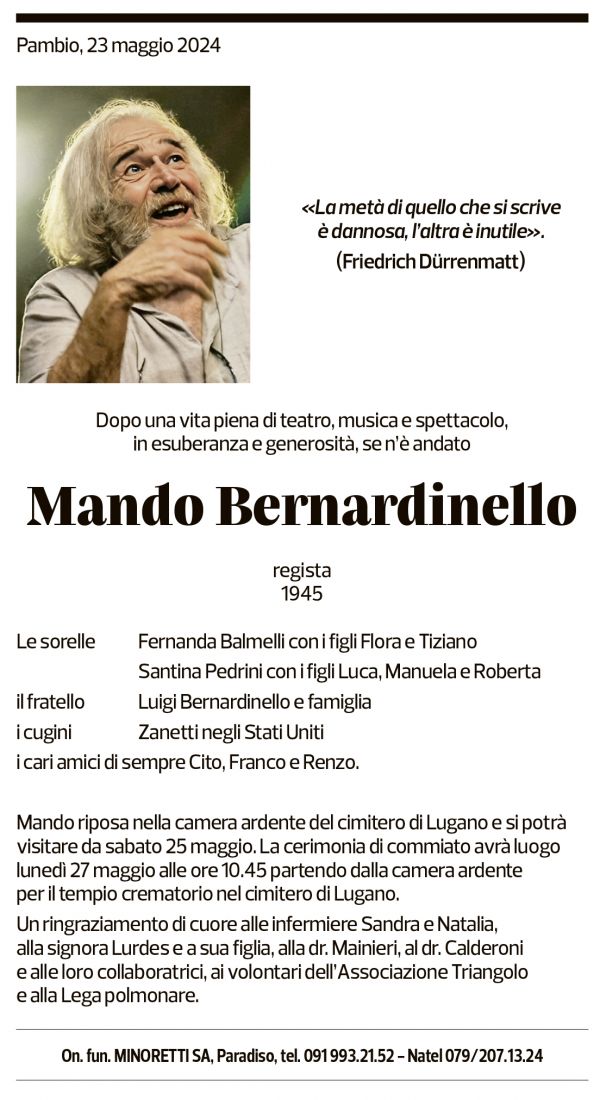 Annuncio funebre Mando Bernardinello