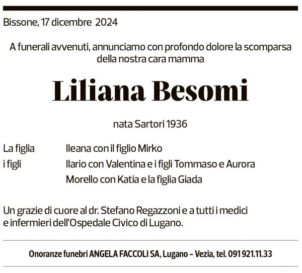 Annuncio funebre Liliana Besomi