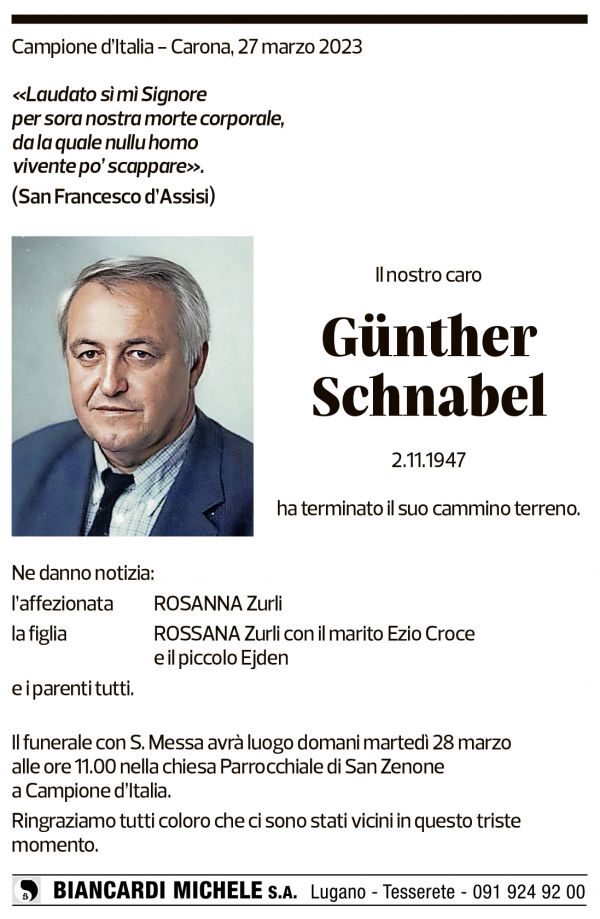 Annuncio funebre Günther Schnabel