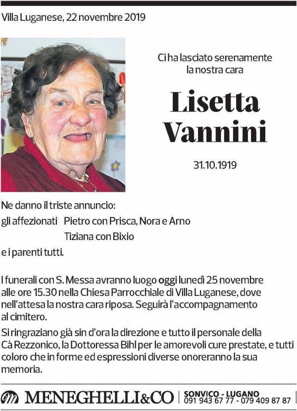 Annuncio funebre Lisetta Vannini