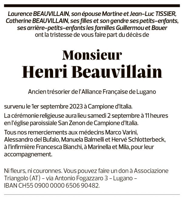 Annuncio funebre Henri Beauvillain