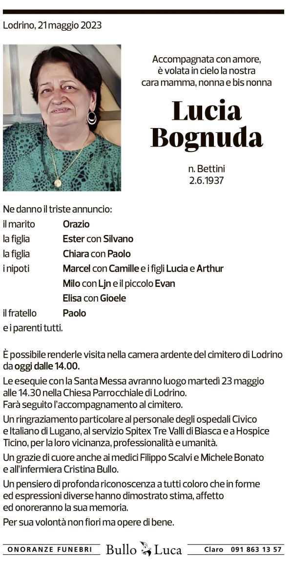 Annuncio funebre Lucia Bognuda