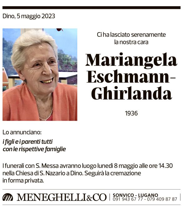 Annuncio funebre Mariangela Eschmann-ghirlanda