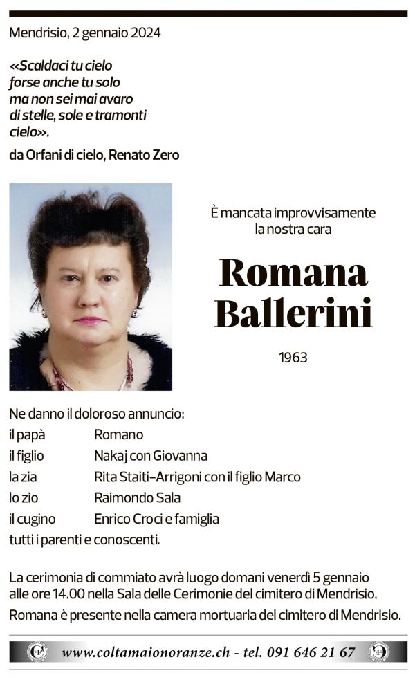 Annuncio funebre Romana Ballerini