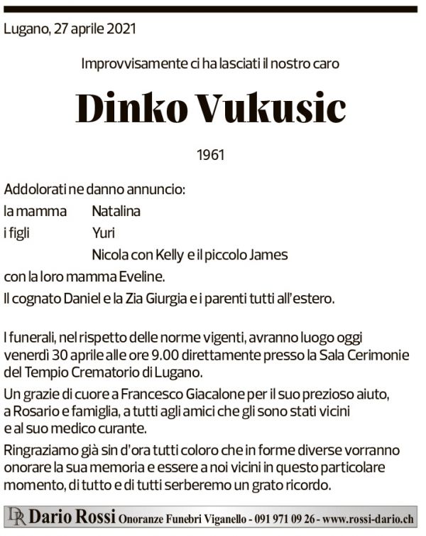 Annuncio funebre Dinko Vukusic