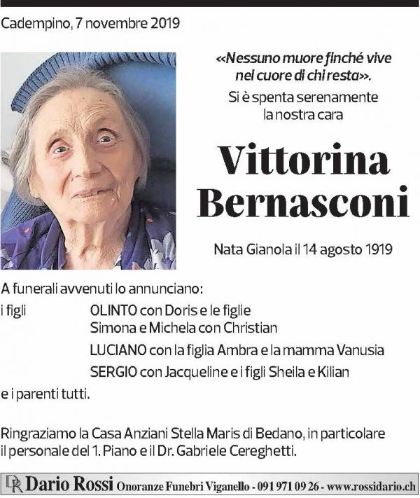 Annuncio funebre Vittorina Bernasconi