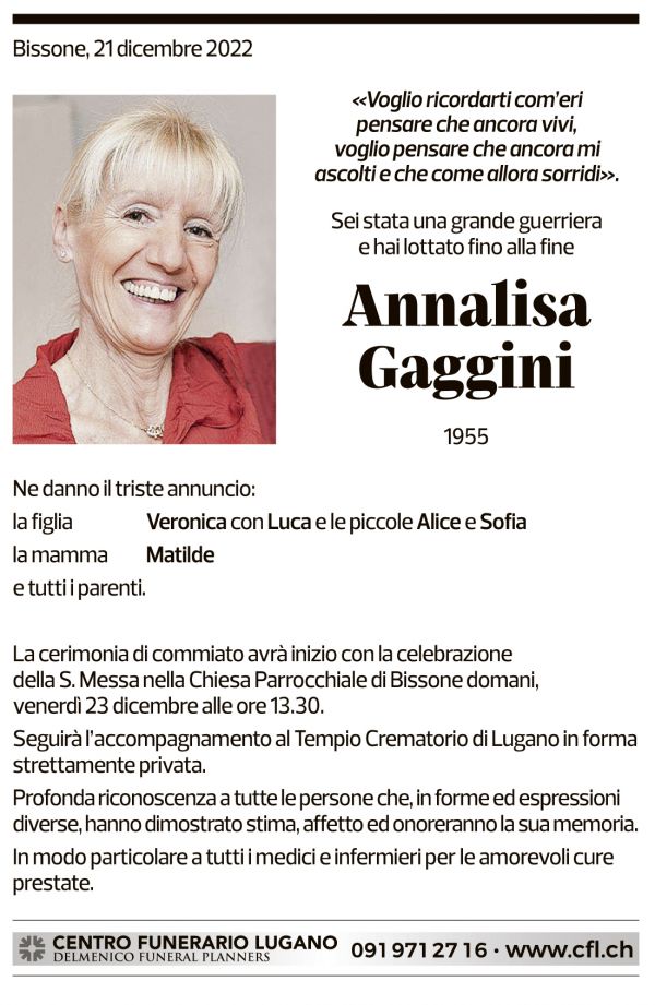 Annuncio funebre Annalisa Gaggini