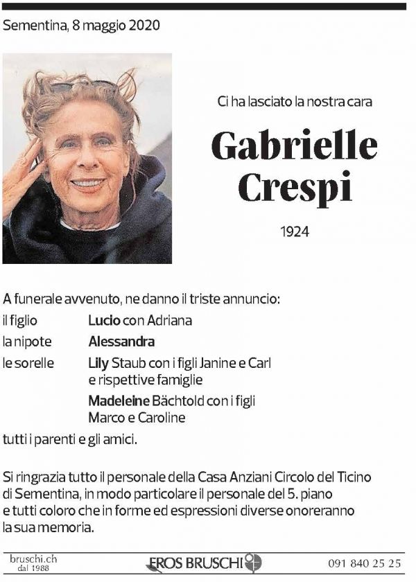 Annuncio funebre Gabrielle Crespi