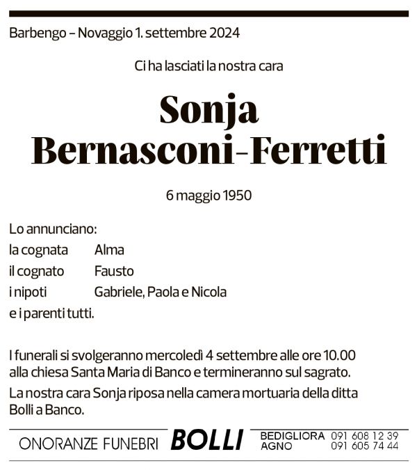 Annuncio funebre Sonja Bernasconi-ferretti