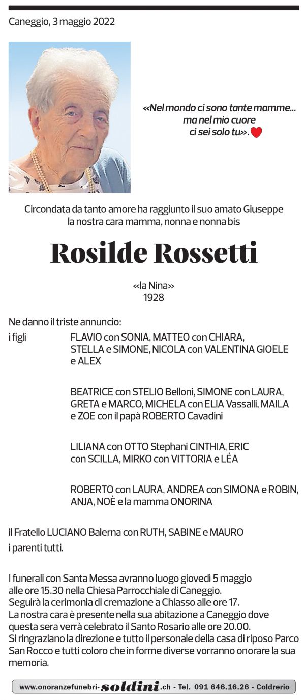 Annuncio funebre Rosilde Rossetti