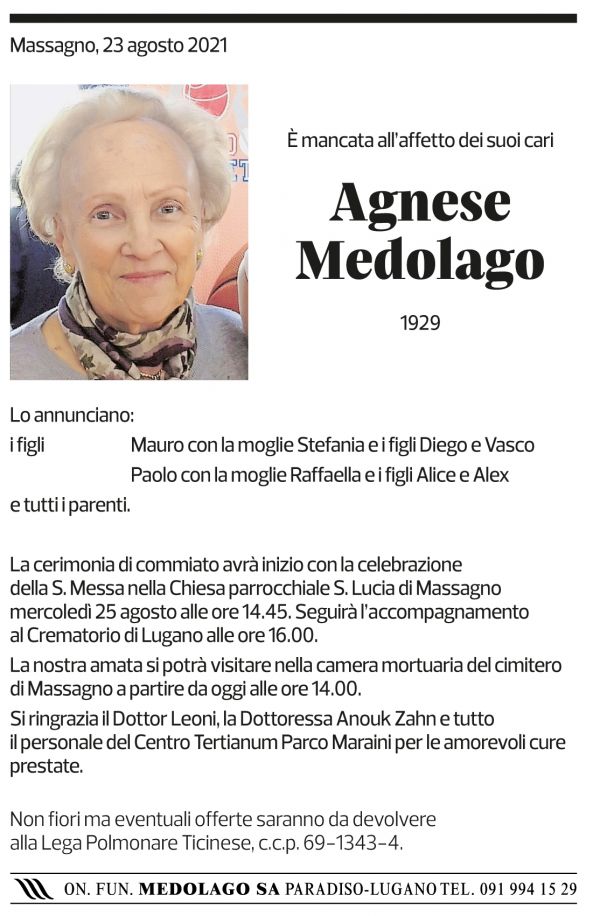 Annuncio funebre Agnese Medolago