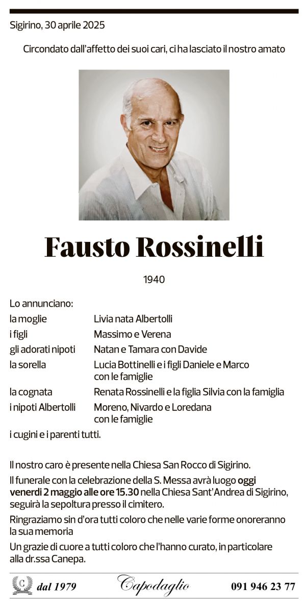 Annuncio funebre Fausto Rossinelli