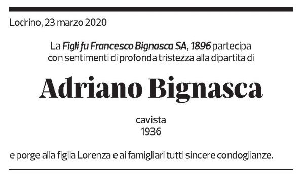 Annuncio funebre Adriano Bignasca