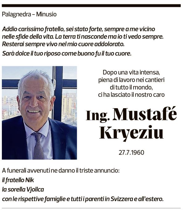 Annuncio funebre Mustafé Kryeziu