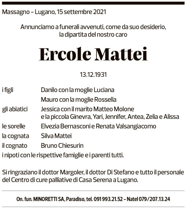 Annuncio funebre Ercole Mattei