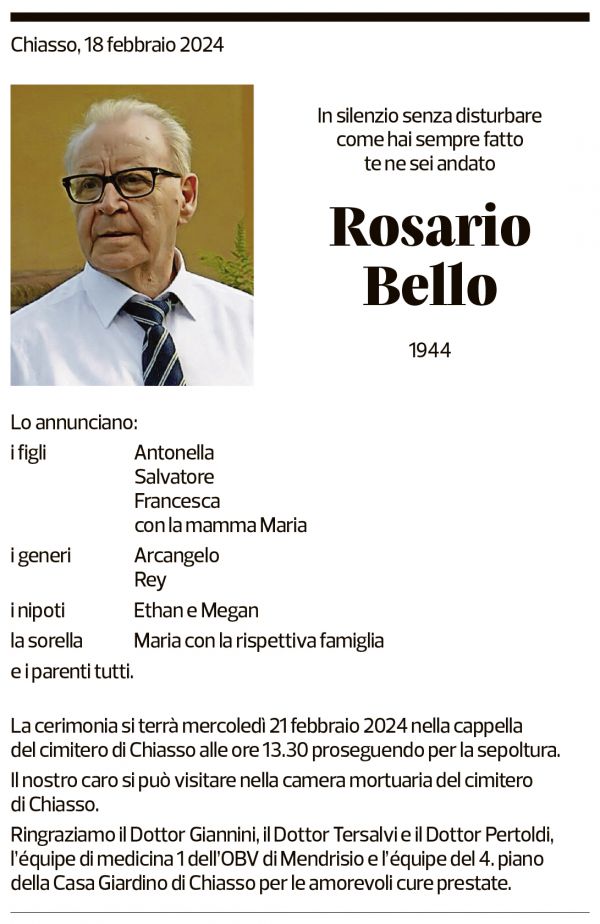 Annuncio funebre Rosario Bello