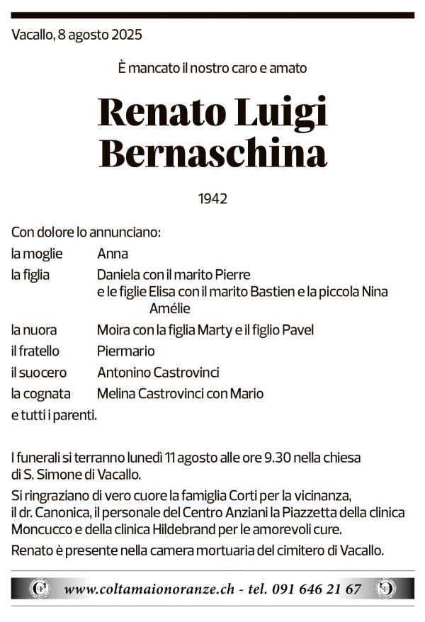 Annuncio funebre Renato Luigi Bernaschina