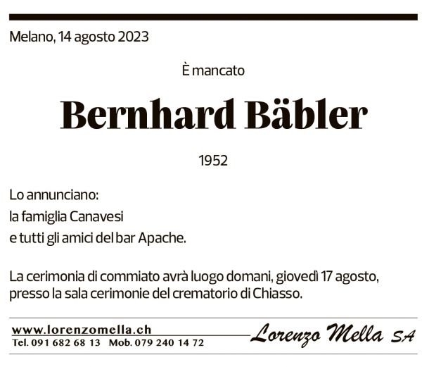 Annuncio funebre Bernhard Bäbler