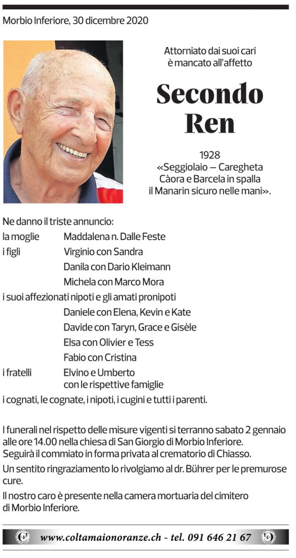 Annuncio funebre Secondo Ren