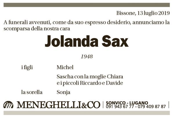 Annuncio funebre Jolanda Sax